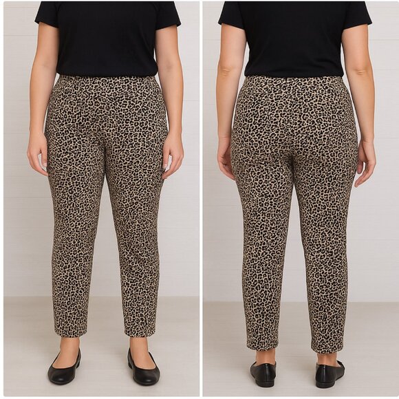 Chico's Women's Black Brown Animal Print High Rise Pull On Ankle Length Pants - Picture 1 of 6